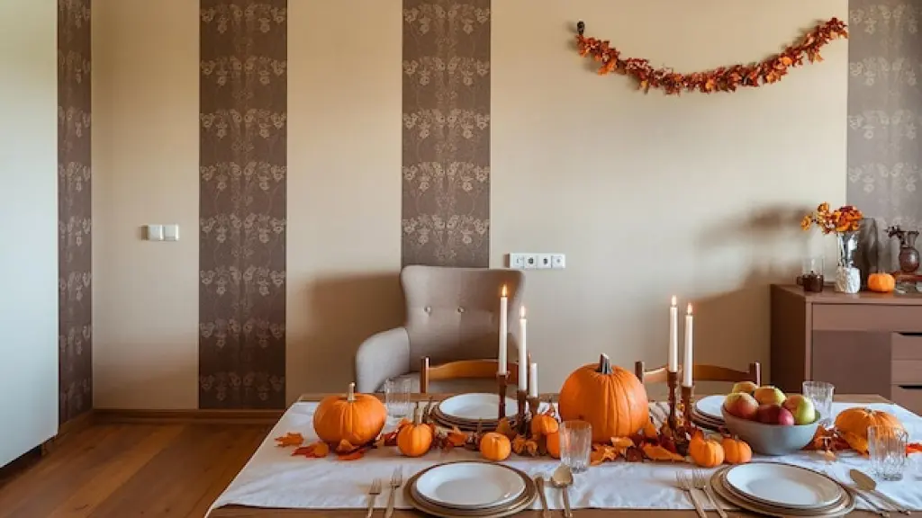 Thanksgiving dining room with earthy tones and pumpkin decorations