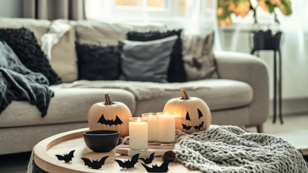 Living room decorated with Halloween-themed decor