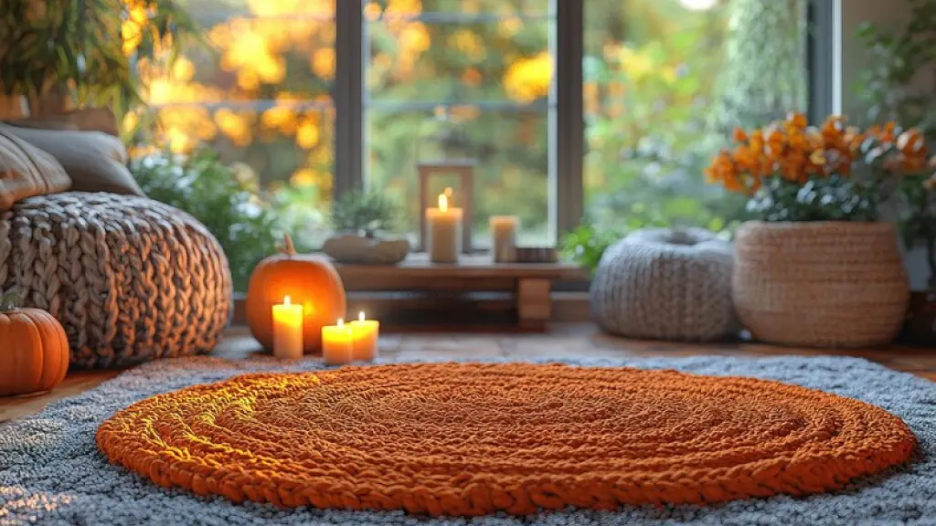 Autumn-colored rugs and poufs in warm and cozy tones