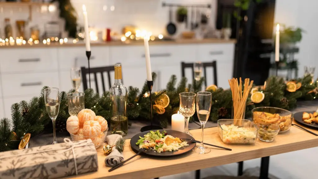 Christmas dinner table decorated in golden tones
