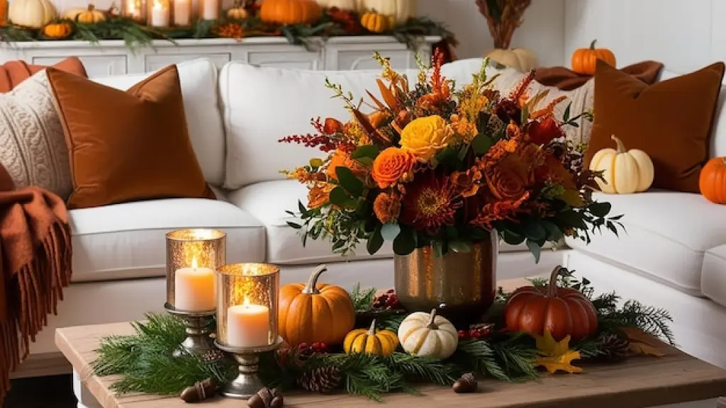 Thanksgiving living room decor with earthy tones and pumpkins