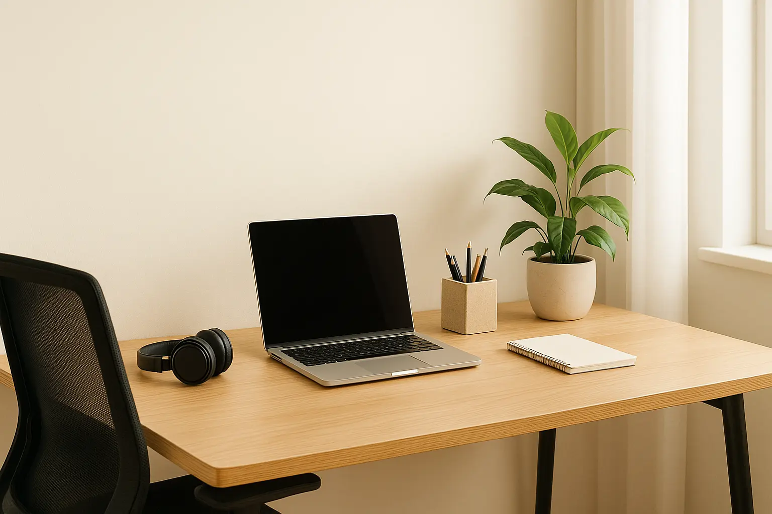 Home Office Essentials setup featuring desk, ergonomic chair, and decor